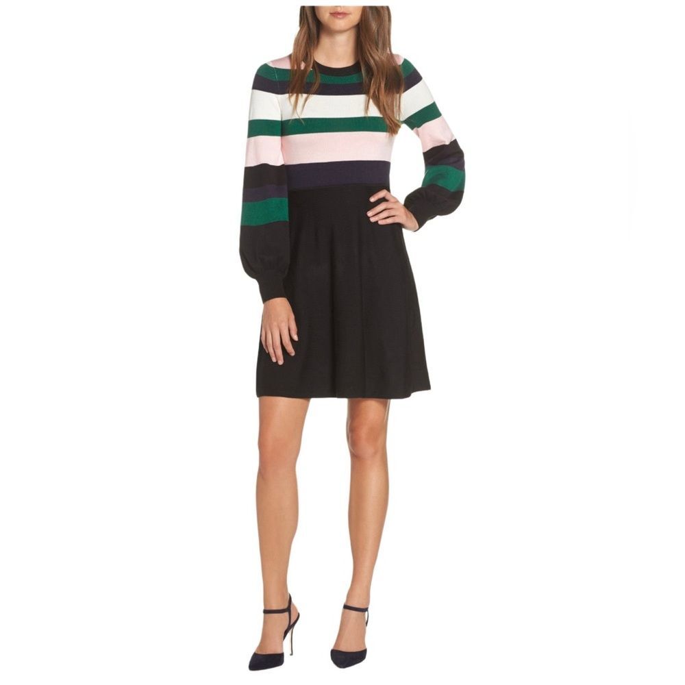 Vince Camuto Knit Stripe Sweater Dress with Balloon Sleeves Size M